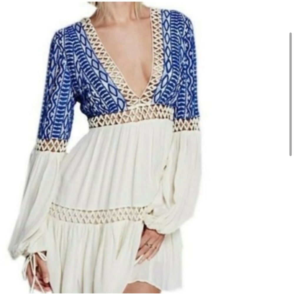 Free People 6 DuskTil Dawn Mini Dress V Neck Boho Open Crochet Embroidered - Picture 4 of 9